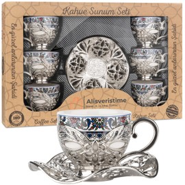 Alisveristime Turkish Coffee Set for Six, 6 Topkapi Design Porcelain Cups with Zamac Holders and Saucers, Two Color Variations: Gold and Silver (Topkapi-Design) (Silver)
