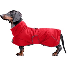 MOREZI Dog jacket is a waterproof, fleece-lined dog winter jacket with adjustable belt and reflective trim, suitable for dachshunds and similar breeds, red-M