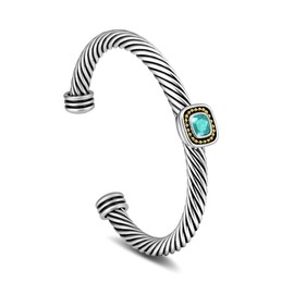 ORATIGOR Cable Cuff Bracelet for Women Twisted - Silver Cable Wire Bangle Bracelet Two Tone - Blue Crystal Bracelet Lightweight Jewelry Gifts (Blue)