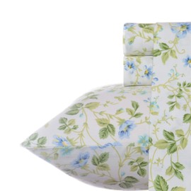 Laura Ashley Home - Sateen Collection - Sheet Set - 100% Cotton, Silky Smooth & Luminous Sheen, Wrinkle-Resistant Bedding, Queen, Spring Bloom Periwinkle
