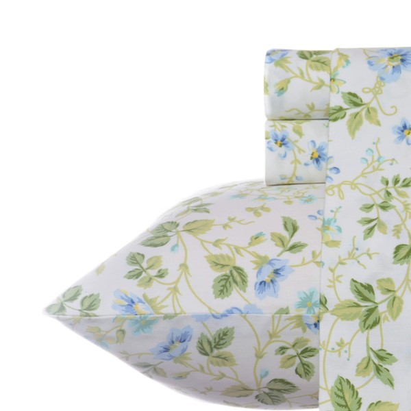 Laura Ashley Home - Sateen Collection - Sheet Set - 100% Cotton, Silky Smooth & Luminous Sheen, Wrinkle-Resistant Bedding, Queen, Spring Bloom Periwinkle