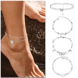ZPSCXQ 4 Ankle Bracelets for Women, Silver Anklets for Women, Adjustable Ankle Chains, Elegant Women's Anklets, Perfect for Casual or Formal Wear