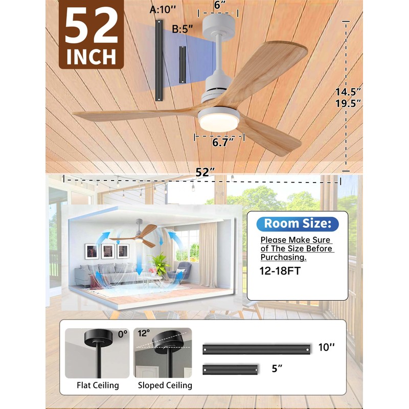 Ceversa 52 Inch Natural Wood Ceiling fans with Lights and