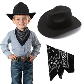 SeptCity Kids Cowboy Hat and Bandana for Age 5-10, Cowgirl Costume Set for Boys and Girls (Black)