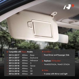 A-Premium Left & Right Sun Visor with Mirror - Compatible with Nissan Altima 2013-2018, Driver & Passenger Side, with Light, Without Sliding Sun Visor Extension, with Card Holder, Beige