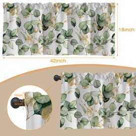Curtain Valances, Green Golden Eucalyptus Leaves Semi Sheer Kitchen Windows Valances, Rod Pocket Short Window Treatment Light Filtering Decor Valances for Kitchen Living Room Bedroom Windows -42"x18""