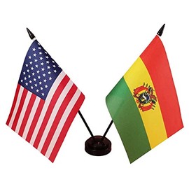 America & Bolivia Friendship Twin Desk Flag, US Bolivia Table Flags, 8 x 5 Inches American & bolivians Deluxe Desk Flag Set - Miniature USA & Bolivia Stick Flag with Flag Stand