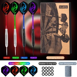 Hmeuest Darts, 12 Pack Prefessional Darts Set, 23 Grams Steel Tip Dart, 4 Color Premium Aluminum Shafts and PET Flights, 12pcs Rubber O-ring, for Beginner or Professional