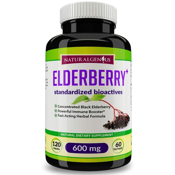 Natural Genius Vegan Black Elderberry Capsules for Kids & Adults - 120 Count - Non-GMO Sambucus Elderberries Powder Supplement - True 60-Day Supply, 1200mg Daily