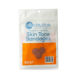 Tru Colour - Spot Bandages, Flexible Fabric Adhesive Bandages, Brown Skin Tone Shade, Orange Bag, 50 Count