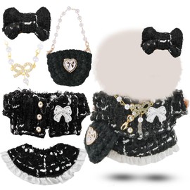 Doll Clothes Set for 17cm Dolls Black Push Toy Outfit Accessories with Top, Skirt, Bow Hair Clip, Pearl Necklace, Knitted Handbag Plush Toy Decorations for Gift 17cm Doll Clothes No Doll