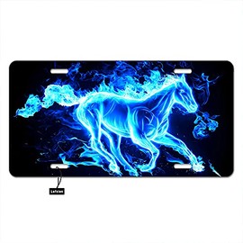 Lefolen Blue Fire Horse Car Front License Plates Galaxy Magic Animal Forest Race Mane Wildlife Flame Black Aluminum Metal Car Tag Vanity Plates 6 X 12 Inch for Men Woman Girls Boys