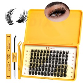 QUEWEL Cluster-Lashes Kit, Individual-Eyelashes Kit 10-16mm Cat Eye Lash Clusters 84Pcs Bond and Seal Lash Kit, DIY Lash Extensions at Home(Kitten Kit)