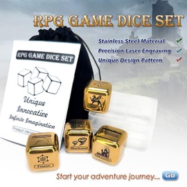 Creative RPG Game Dice Set - 4Pcs/Set Laser Engraved Stainless Steel Dices with Storage Box & Velvet Bag for Table Game Accessory (Gold)