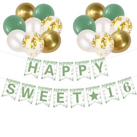 Gidobo Happy Sweet 16 Banner, 16th Birthday Decorations with 16pcs Sage Green Gold Balloons Backdrop for Boy Girl Birthday Party Decorations Supplies