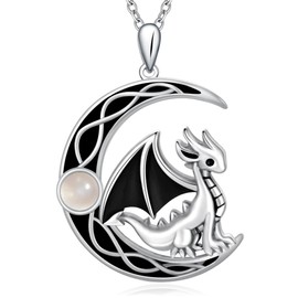 UYBNRK Sterling Silver Dragon Pendant Necklace for Women - Moonstone Crescent Moon Celtic Jewelry