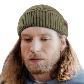 OUTDOOR SHAPING Merino Wool Short Fisherman Beanies for Men Women, Knit Cuff Trawler Beanie Cap, Winter Warm Daily Hat, Army Green, One Size