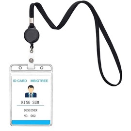KINGSUM 3 Pack Lanyard with ID Holder Sets - Flat ID Lanyard with Retractable Badge Reel & Heavy Duty Clear Vertical ID Card Name Badge Holder (Black,3 Pack)