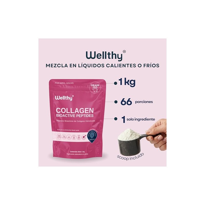 Wellthy Colageno Hidrolizado Puro 1kg Péptidos Colágeno Bioactivos Genu Porciones