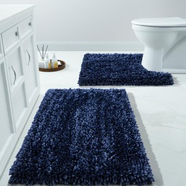 Yimobra Bathroom Rugs Sets 2 Piece, Luxury Shaggy Extra Thick Bathroom Rugs, Plush Non-Slip Mats for Bath Room Floor, U-Shaped Toilet Mat, Ultra Absorbent, 24 x 17 + 24.4 x 20.4 Inches,Blue
