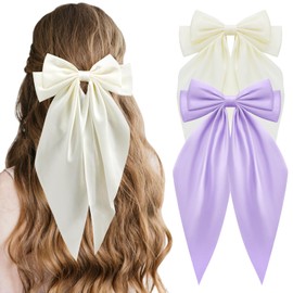 2PCS Big Bow Hair Clips Big Bow Barrettes Chiffon French Bowknot with Long Tail Soft Satin Silky Hair Bows Solid Color French Barrette Hair Fastener Accessories Cute Gifts for Women Girls