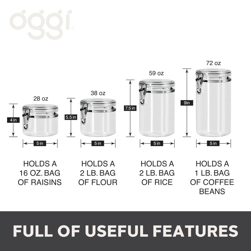 Oggi 4pc Clear Canister Set with Clamp Lids Airtight Containers