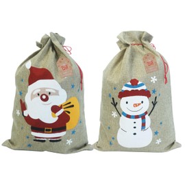 Christmas Sacks. 13.8'' X 19.7'' / 35 X 50cm Medium Christmas Hessian Goody Gift Bags. Two Designs: Santa and Snowman. Pack of 2.