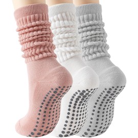 HOUZONIY 3 Pairs Pilates Socks with Grips for Women Non Slip Yoga Long Slouch Socks for Barre Dance Barefoot Workout Hospital(WTPKDGY)
