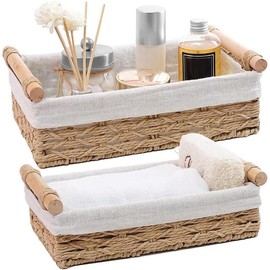 Round Paper Rope Storage Basket, Wicker Baskets for Organizing with Handle, Decorative Bins for Countertop, Toilet Paper Basket for Toilet Tank Top, Small Baskets Set (Set of 2,Beige) - Color: Grey