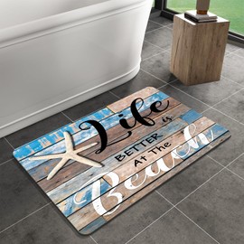 Nreafifi Life is Better at The Beach Starfish Wooden Board Bathroom Rugs Mat Non Slip Super Absorbent Stain Resistant Quick Dry Thin Bathroom Rug-Bath Mats for Bathroom Floor Bathtub,16"x24"