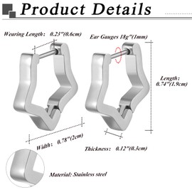 Flongo Geometric Hoop Earrings for Women: Heart Star Rectangle Chunky Huggie Earring - Stainless Steel Earrings Hypoallergenic