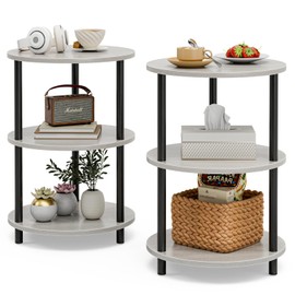 XBurmo Small Round End Table - 3 Tier Design Accent Table, Narrow Side or Bedside Stand, Industrial Vintage Nightstand for Bedroom, Living Room, or Small Spaces, Set of 2, Greige