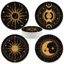 zcyhtqp, Funny Absorbent Round Ceramic Stone Coasters Set of 4 with Cork Base, Gold Sun Moon Clouds Stars Coasters, Gifts for Home, Bar, Coffee Table, Office Table Décor
