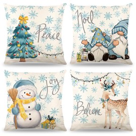 Pack of 4 Christmas Cushion Covers, Christmas Cushion Covers, 45 x 45 cm, Christmas Decorative Cushion, Linen Cushion Cover, Christmas, Christmas Decoration for Living Room, Bedroom, Sofa Decorations
