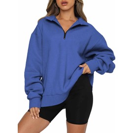 BLENCOT Women Half Zip Oversized Sweatshirts Long Sleeve Solid Color Drop Shoulder Fleece Workout Pullover Medium Blue M
