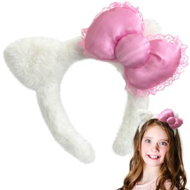 Kobataro Kitty Cat Ears Headband Pink Bow White Hair Accessories Y2k Stuff Gifts for Girls Women (Pink)