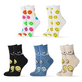Htlpym Cute Crew Socks 5 Pairs Smiley Face Socks for Women Girls Casual Soft Cotton Socks Novelty Funny Athletic Socks US 6-8 (Standard, Multi color+white)