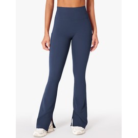 YEOREO Women Mini Flare Split Hem Leggings with Pockets Tummy Control Workout Leggings Anilnia Hidden Scrunch Gym Yoga Pants Dark Blue