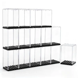 20 Pack Acrylic Display Case for Minifigures, Stackable Clear Dustproof Storage Box with Black Base, Building Block Figures, Light String Compatible, Perfect for Collectibles, Toys Action Figures