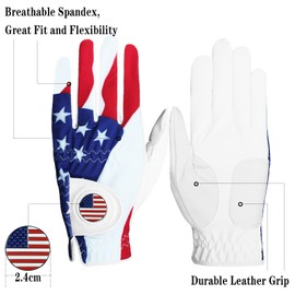 Golf Gloves Men Left Hand with Ball Marker USA Flag 2 Pack for Right Handed Golfer Leather Breathable Comfortable All Weather Grip (White&USA Flag,M/Large-Worn on Left Hand)