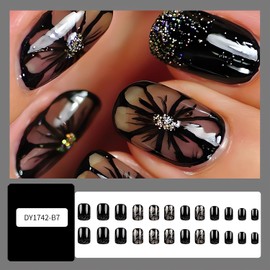 Black Press on Nails Short Square Fake Nails with Black Chrysanthemum Design Glossy Full Cover Glitter Glue on Nails Short Square Flower False Nails Cute Stick on Nails for Women Finger Manicure