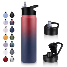 UMBFUN Stainless Steel Drinking Bottle – 750 ml – with Straw, Leak-Proof, Suitable for Carbonated Drinks, BPA-Free Thermos Bottle (+ 2 Lids) Vacuum Double Wall Insulation for Sports, Travel, Camping,