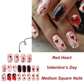 Bloody Love Heart Press on Nails Medium Square Valentine's Day False Nails Romantic Valentines Acrylic Fake Nails Glossy Heart Glue on Nails for Women Girls