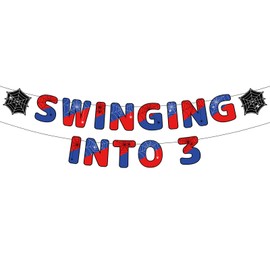 Spider Theme Birthday Banner, Pre-Threaded Ready-to-Use Cartoon Style Spider Happy 3rd Birthday Banner Hanging Bunting Garland for Party Backdrop Decor No DIY Needed(Red & Blue)