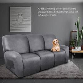 molasofa Recliner Sofa Covers - 8 Pieces Stretch Leather Like Large Couch Covers for 3 Seats Reclining Slipcovers Soft Jacquard Pattern Furniture Protector with Elastic Bottom (Grey)