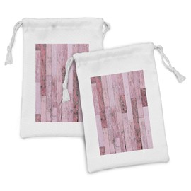 Ambesonne Wood Print Fabric Pouch Set of 2, Pastel Pink Rustic Planks a Distressed Look Barn House Cottage Theme, Small Drawstring Bag for Toiletries Masks and Favors, 9" x 6", Pink Pale Pink Grey