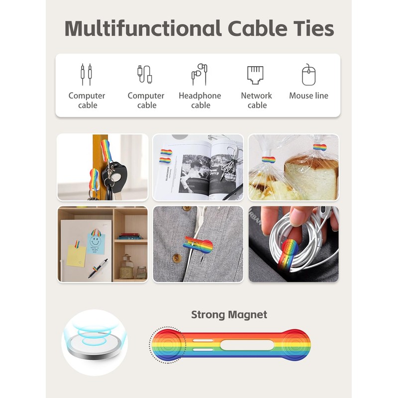 Maveek Magnetic Cable Ties Cord Organizer, 10 Pack Rainbow Silicone