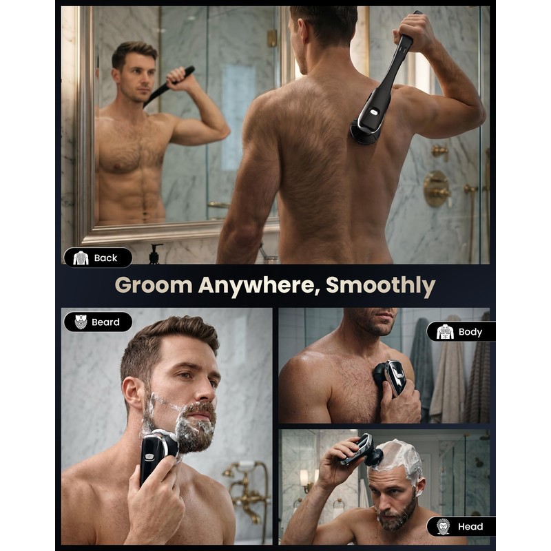 Electric Back Shaver for Men w/Long Handle, 6D Body Shaver