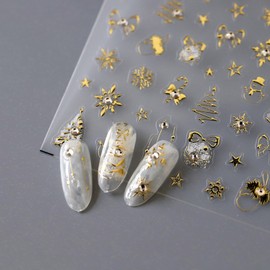 Christmas Nail Art Stickers 5D Embossed Gold Canes Nail Stickers Self-Adhesive Snowflake Snowman Xmas Tree Rhinestone Star Nail Decals for Women Girls Winter Holiday Manicure DIY Nail Supplies