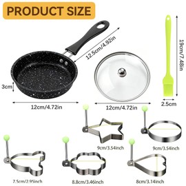 LIULINY Mini Padella Antiaderente 12 cm, Padella Piccola Antiaderente, Portatile Piccola Padellas con 1 Coperchio Spazzole 5 Stampi, Padellino per Uovo pour Cuisinière Gaz Cuisines Inductions